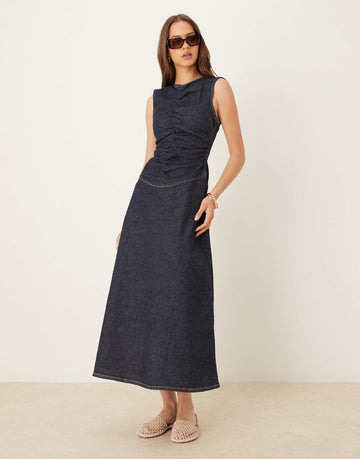 DESIGN rouched drop waist denim dress