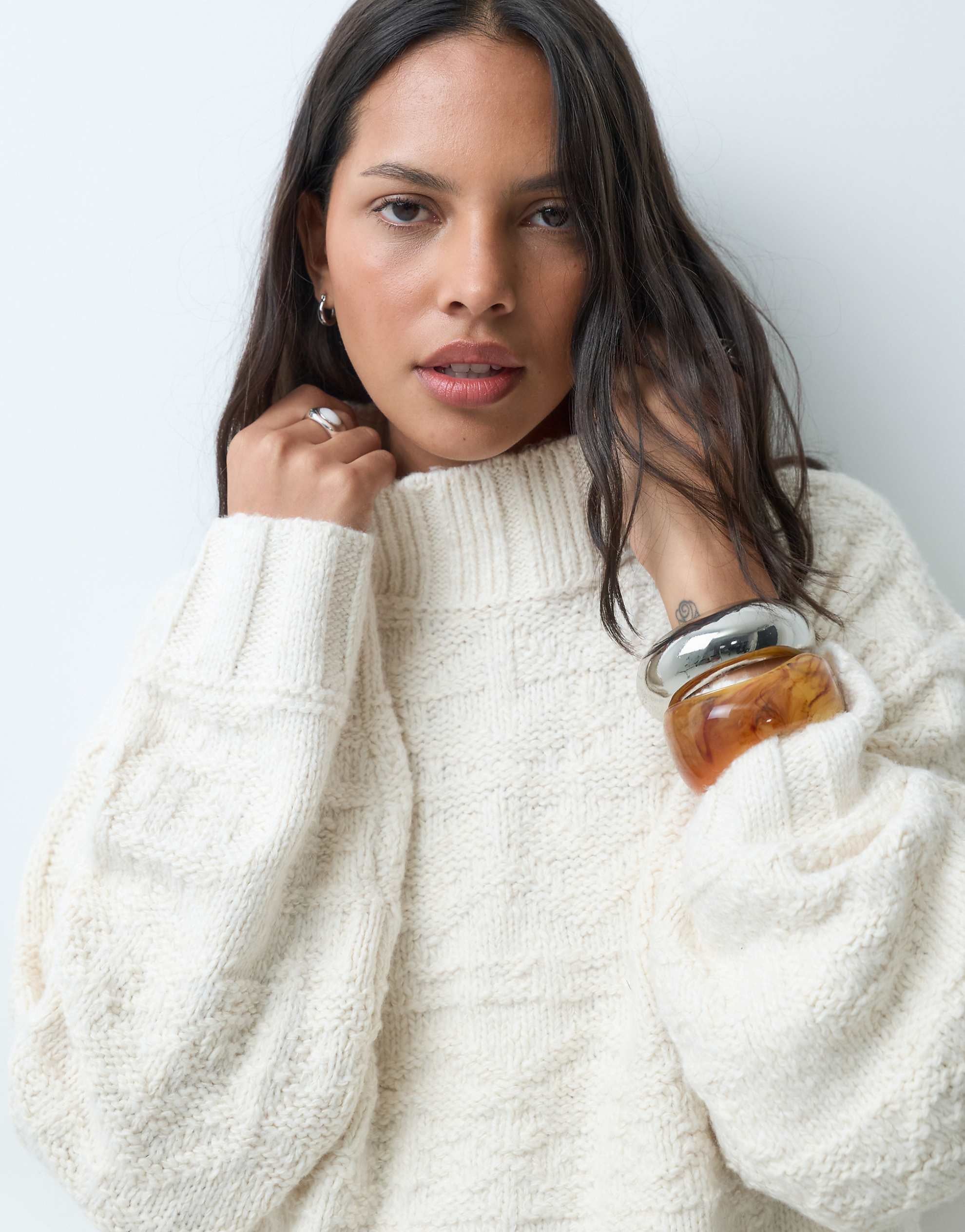 Abercrombie & Fitch oversized funnel neck jumper cream jacquard