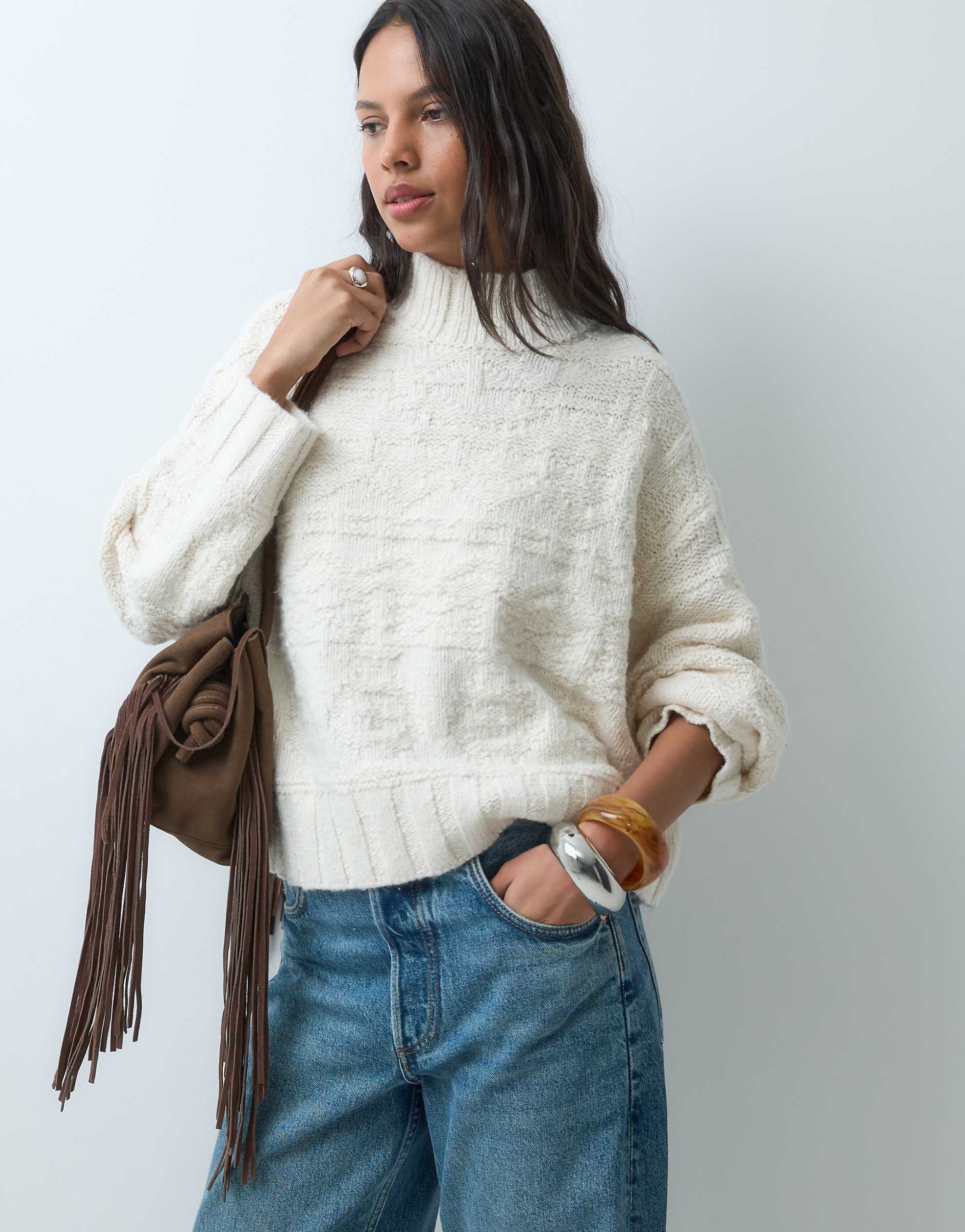 Abercrombie & Fitch oversized funnel neck jumper cream jacquard
