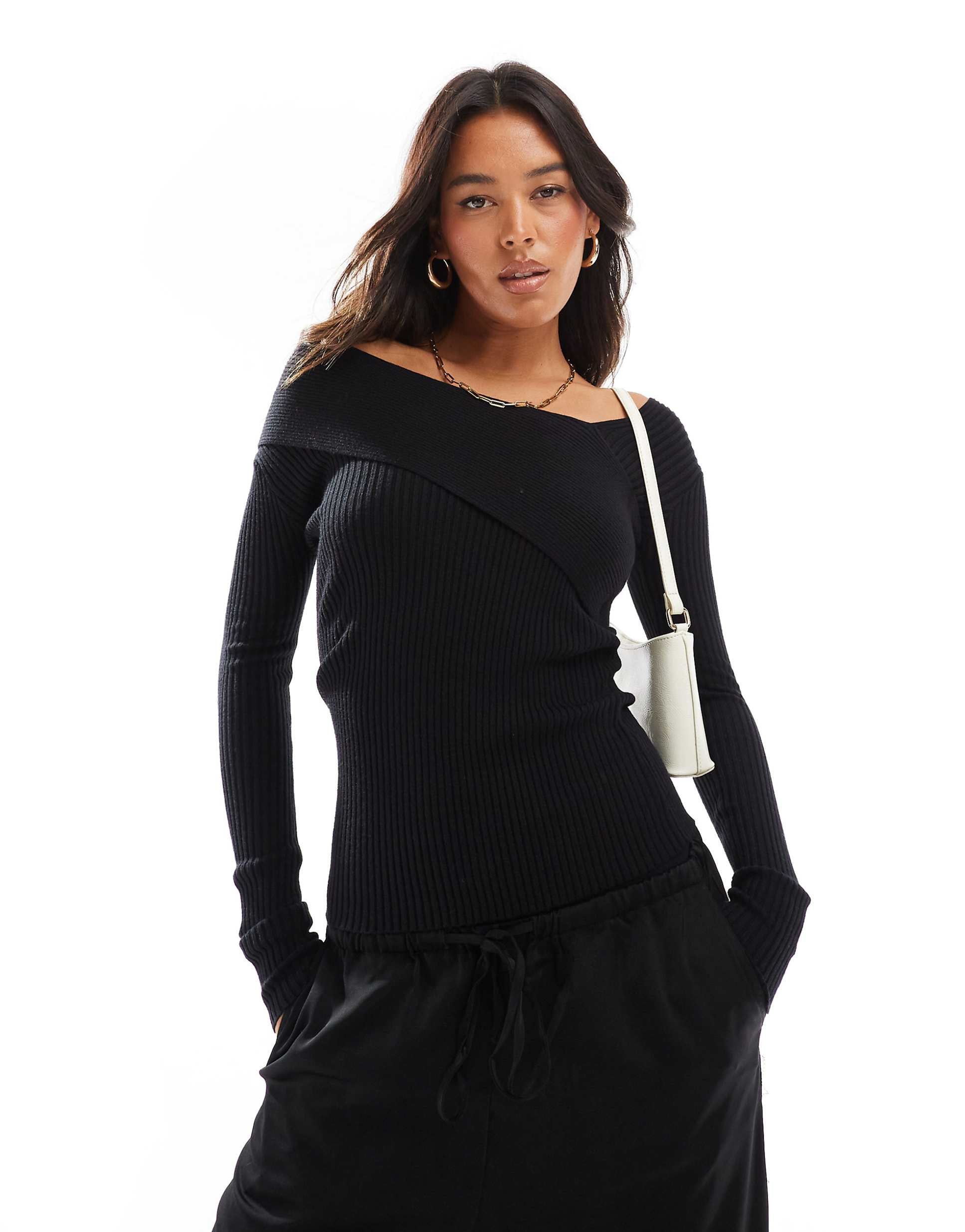 Style Cheat asymmetric rib knit bardot top black