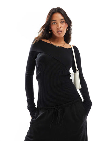 Style Cheat asymmetric rib knit bardot top black