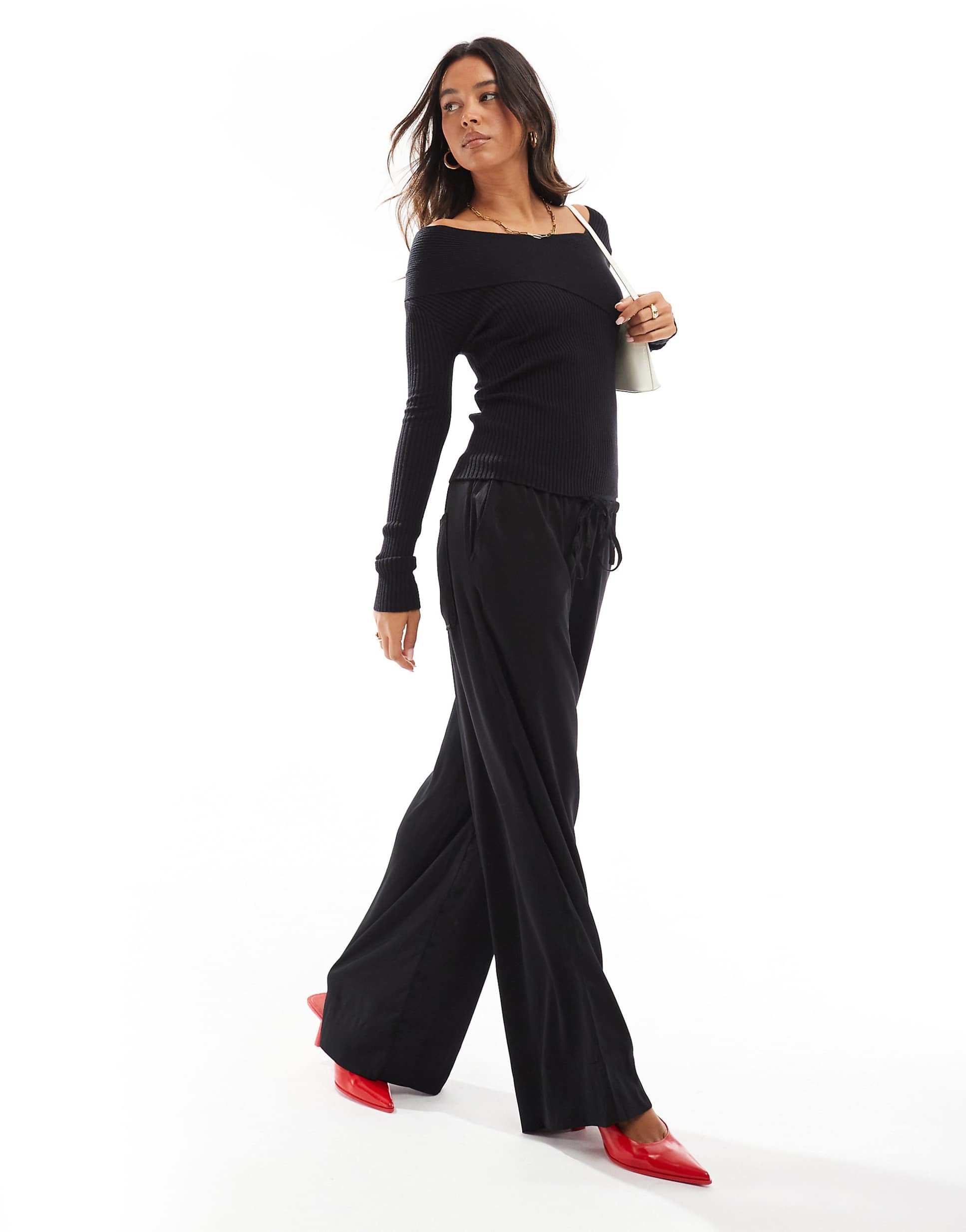 Style Cheat asymmetric rib knit bardot top black