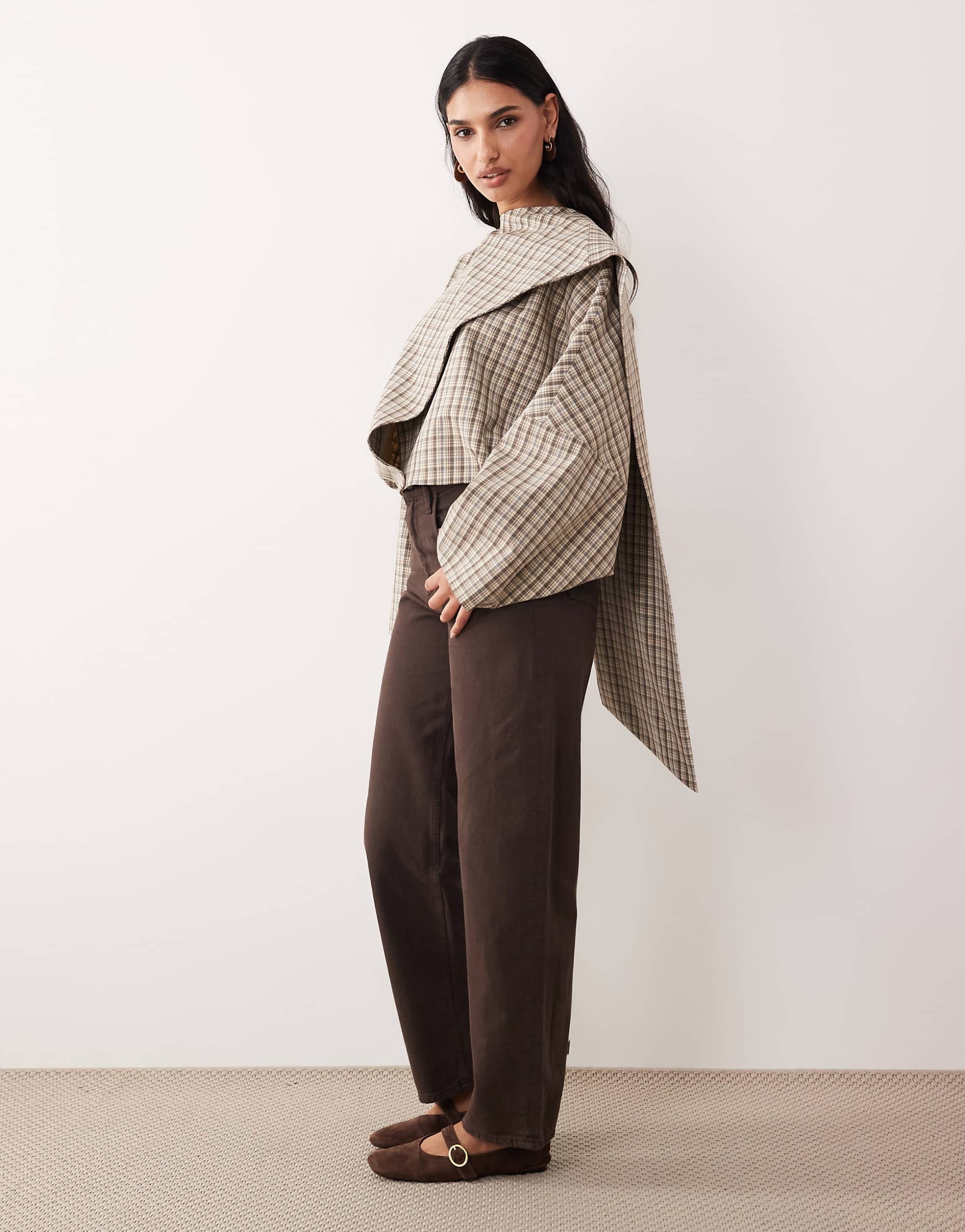 DESIGN wrap scarf batwing jacket ecru micro check