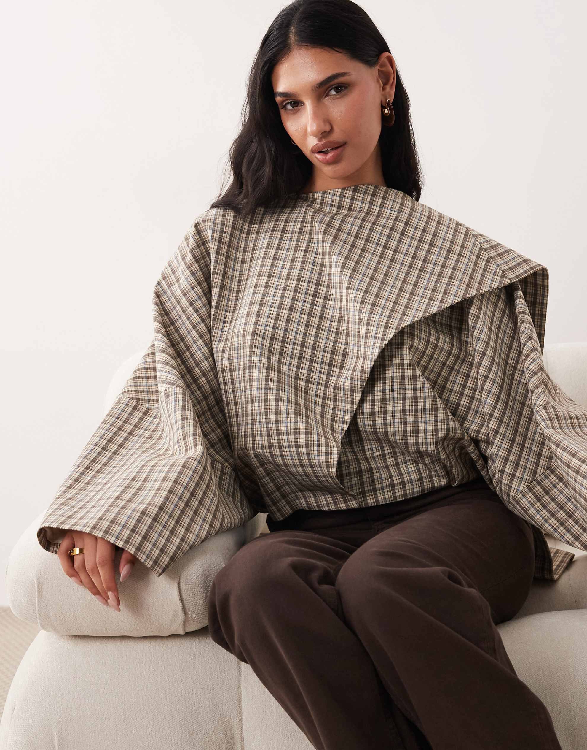 DESIGN wrap scarf batwing jacket ecru micro check