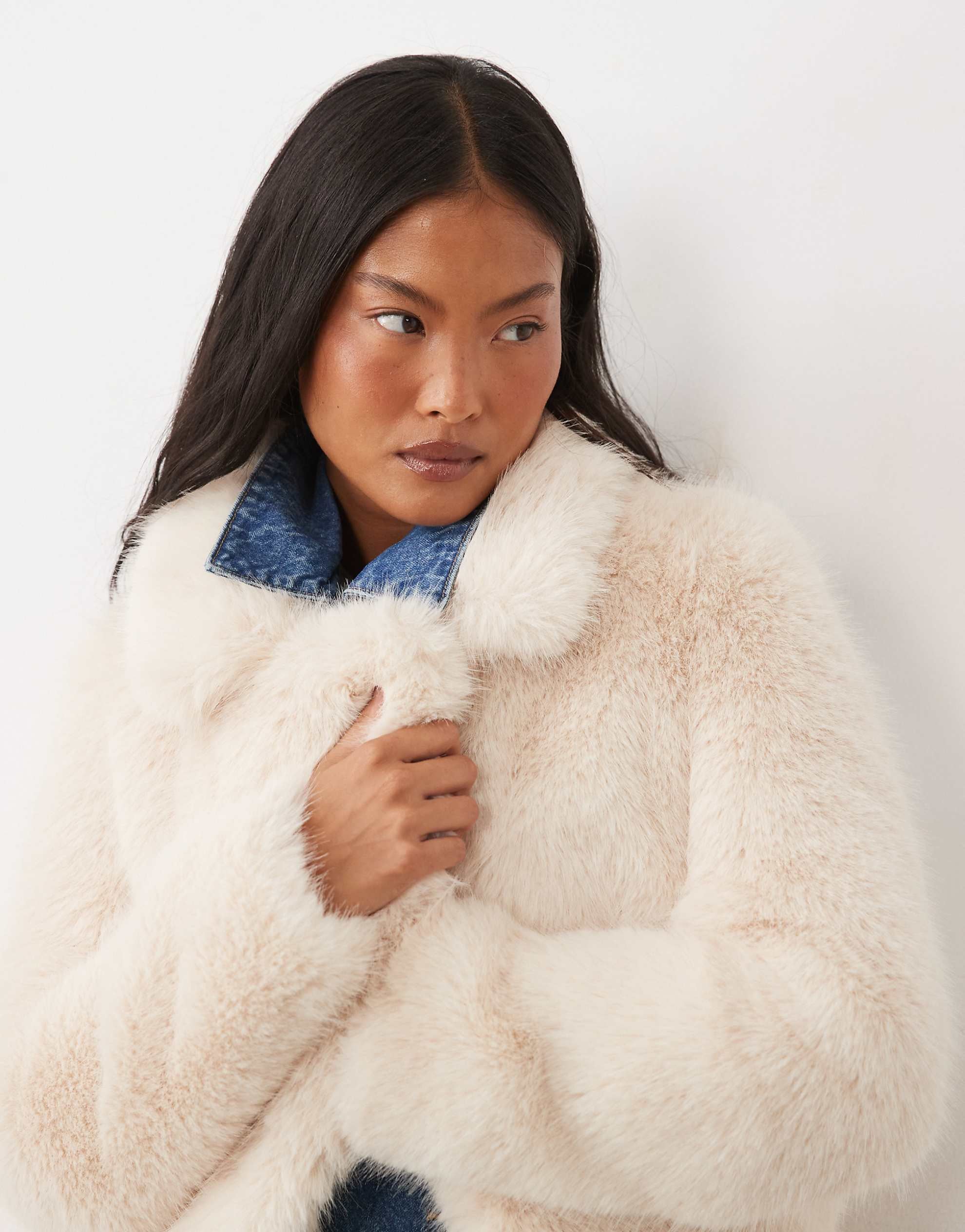 Forever New Petite faux fur revere collar short coat cream