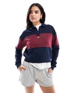 Tommy Jeans crop boxy rugby sweatshirt navy burgundy stripe