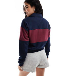 Tommy Jeans crop boxy rugby sweatshirt navy burgundy stripe