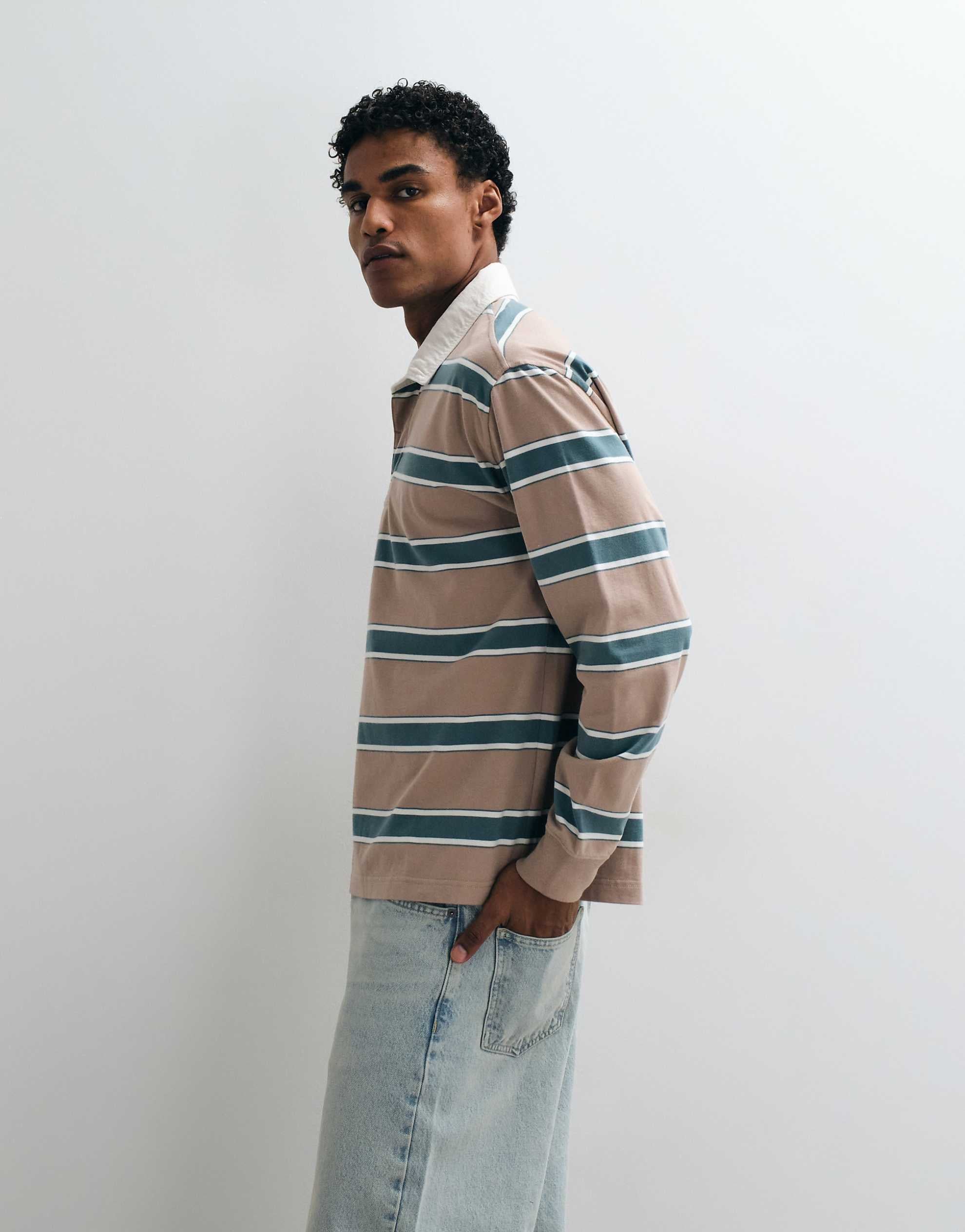 Abercrombie & Fitch long sleeve rugby polo white brown stripe