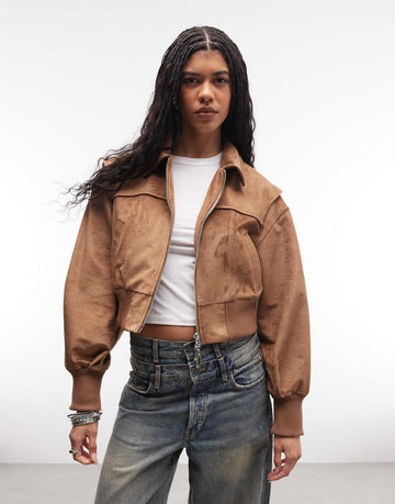 Liquor N Poker boxy faux suede bomber jacket tan