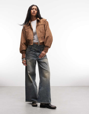 Liquor N Poker boxy faux suede bomber jacket tan