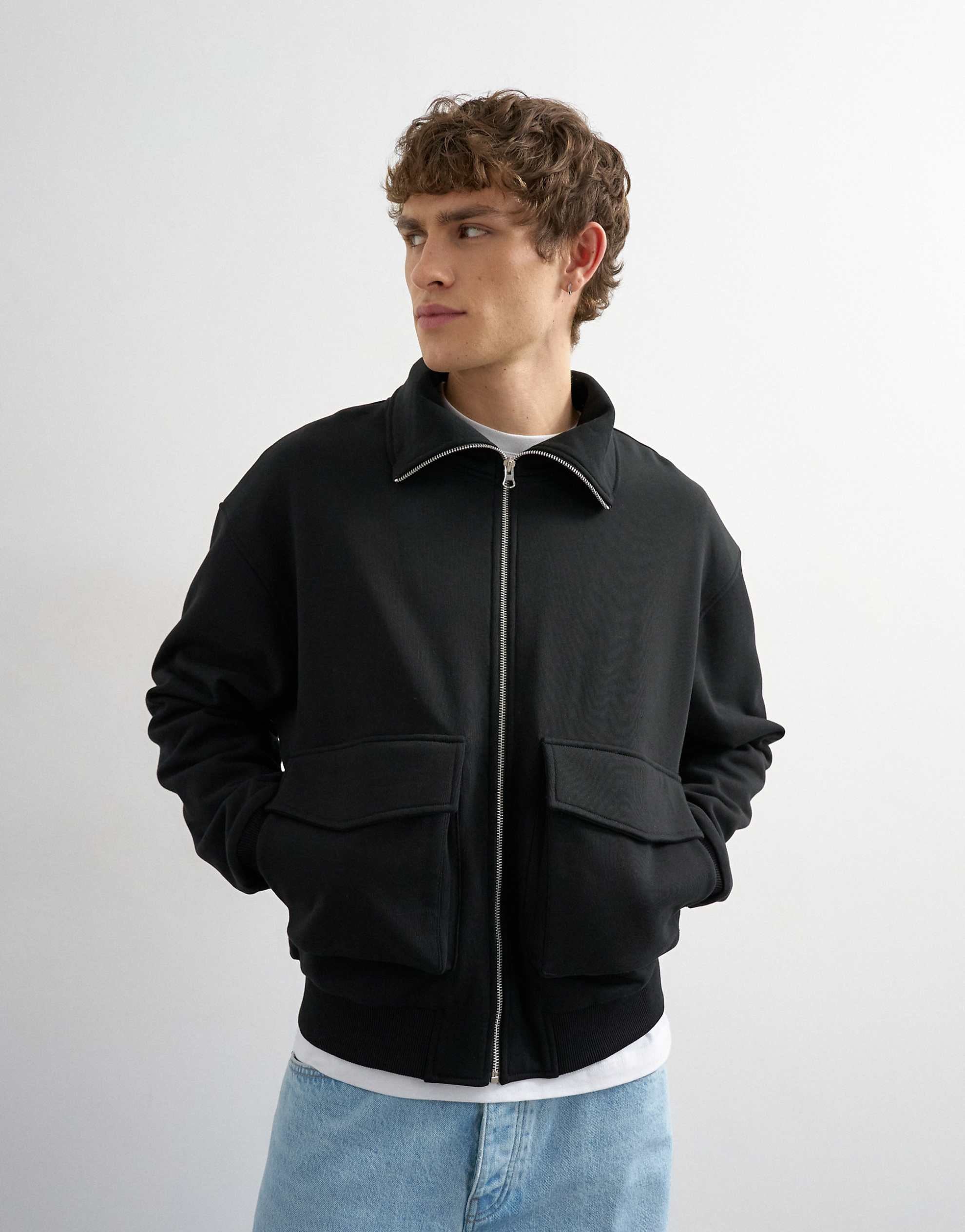 Topman relaxed fit jersey utility shacket funnel black