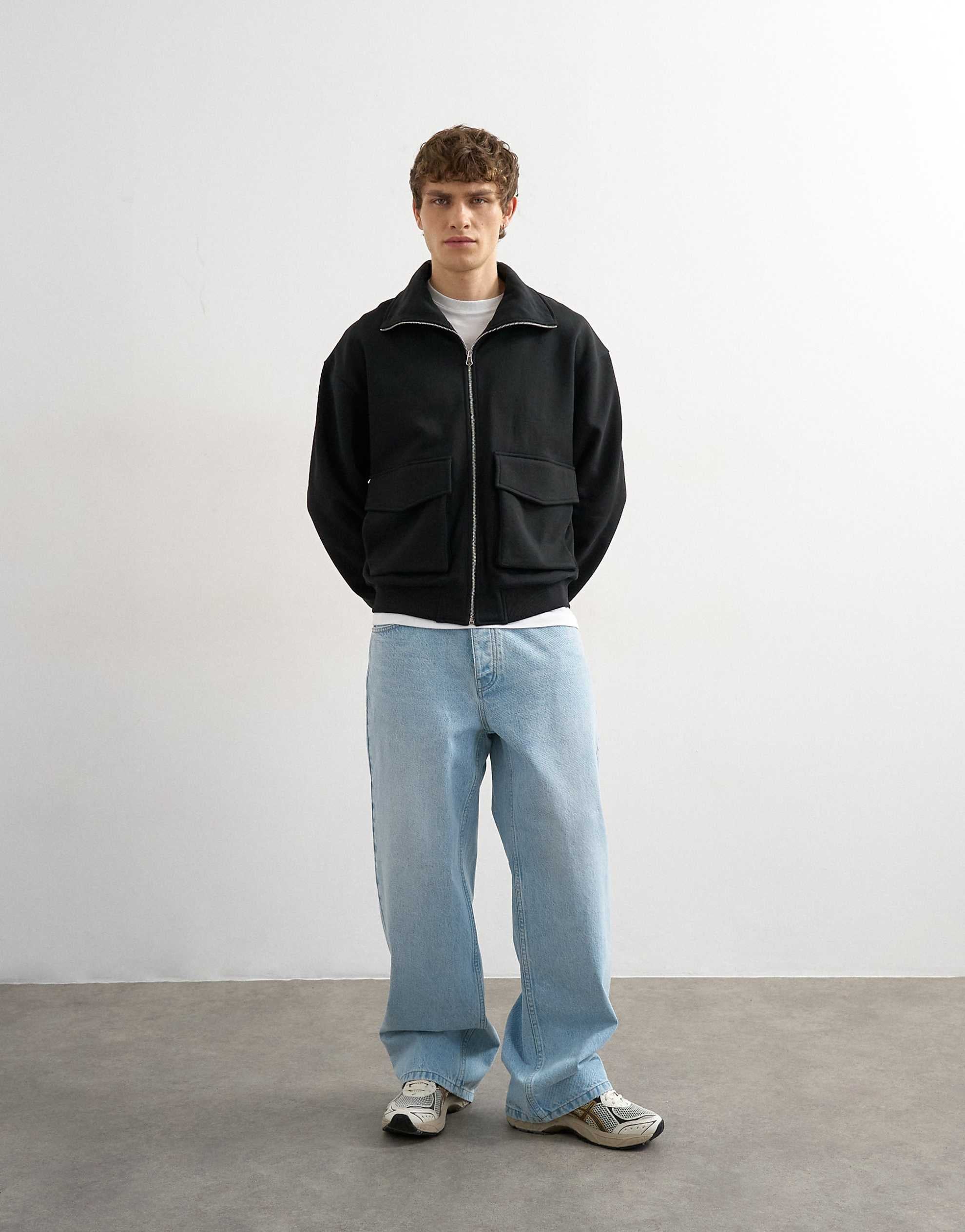 Topman relaxed fit jersey utility shacket funnel black