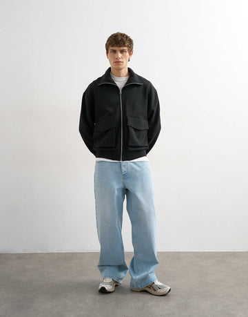 Topman relaxed fit jersey utility shacket funnel black