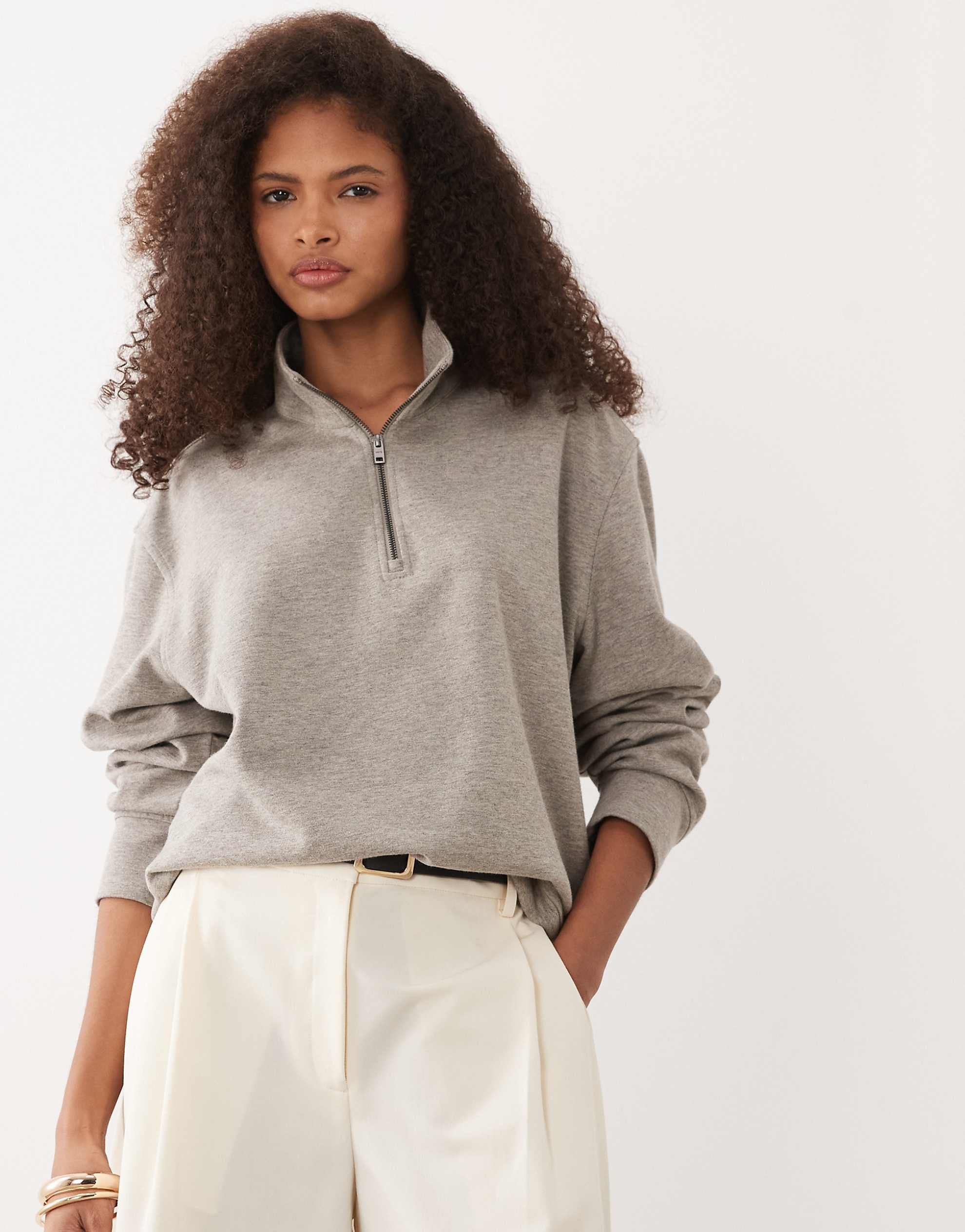 Mango relaxed fit quarter zip sweatshirt tan