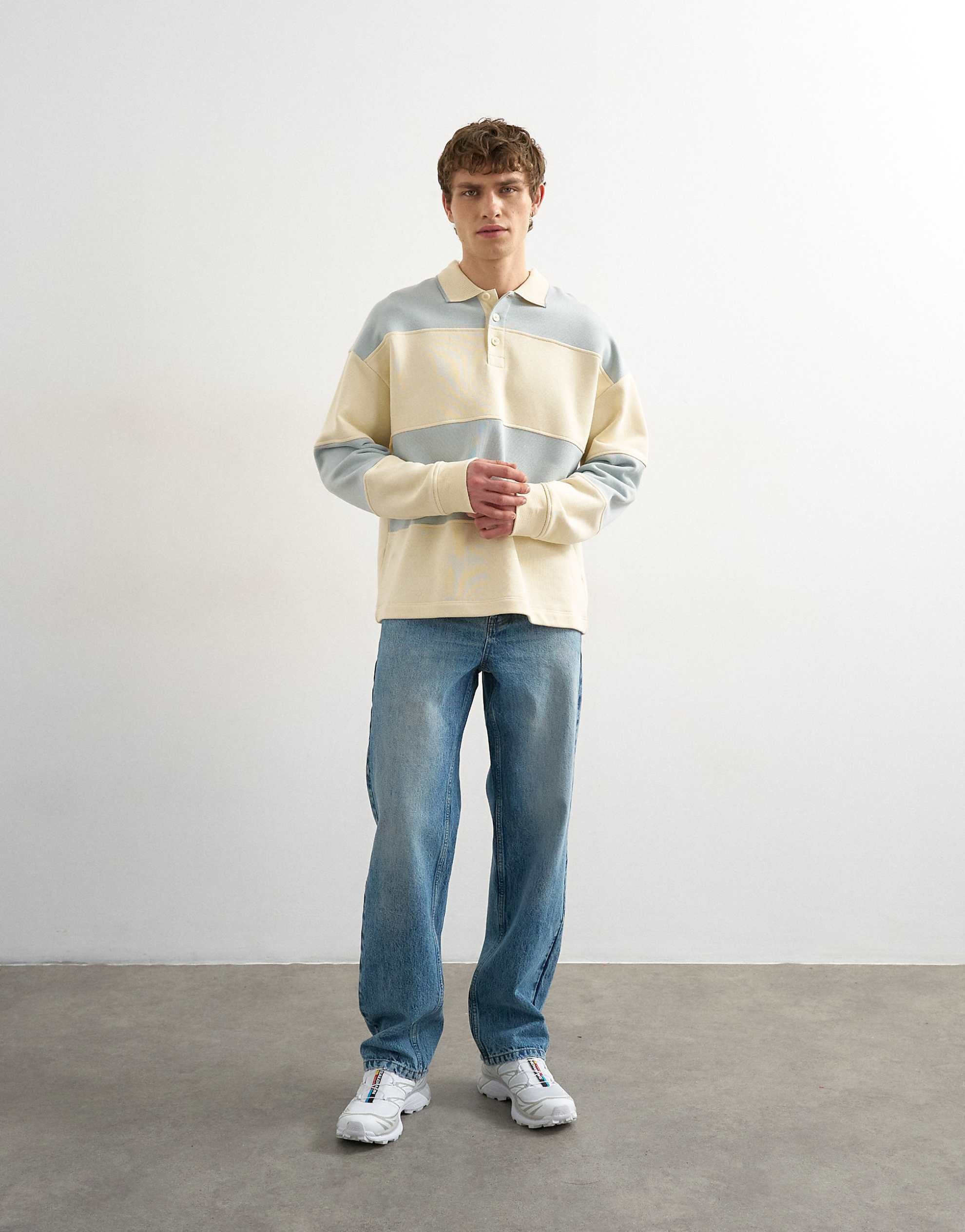 Topman oversized fit rugby polo sweatshirt blue cream