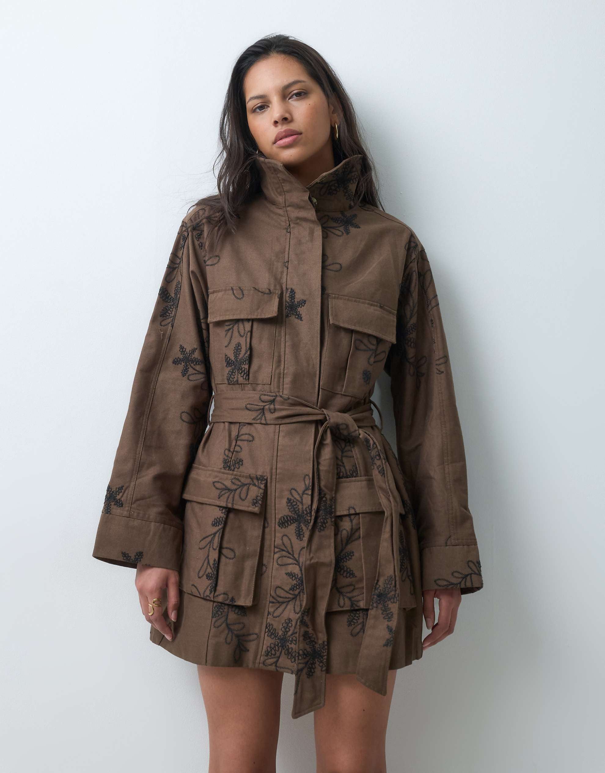DESIGN funnel neck utility dress dark khaki black floral embroidery