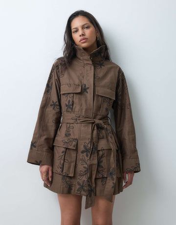 DESIGN funnel neck utility dress dark khaki black floral embroidery
