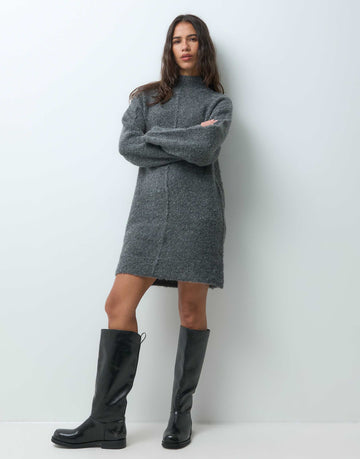 YAS high neck seam front knitted mini dress dark grey melange