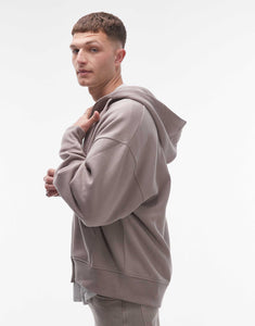 Topman oversized fit full zip hoodie stone