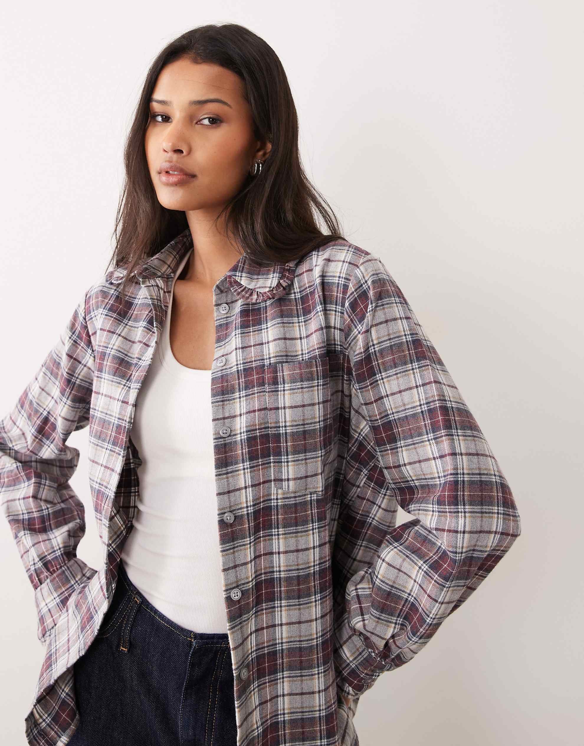 Miss Selfridge ruffle trim oversized shirt check