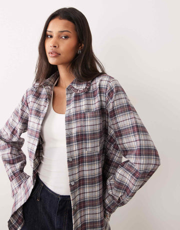 Miss Selfridge ruffle trim oversized shirt check