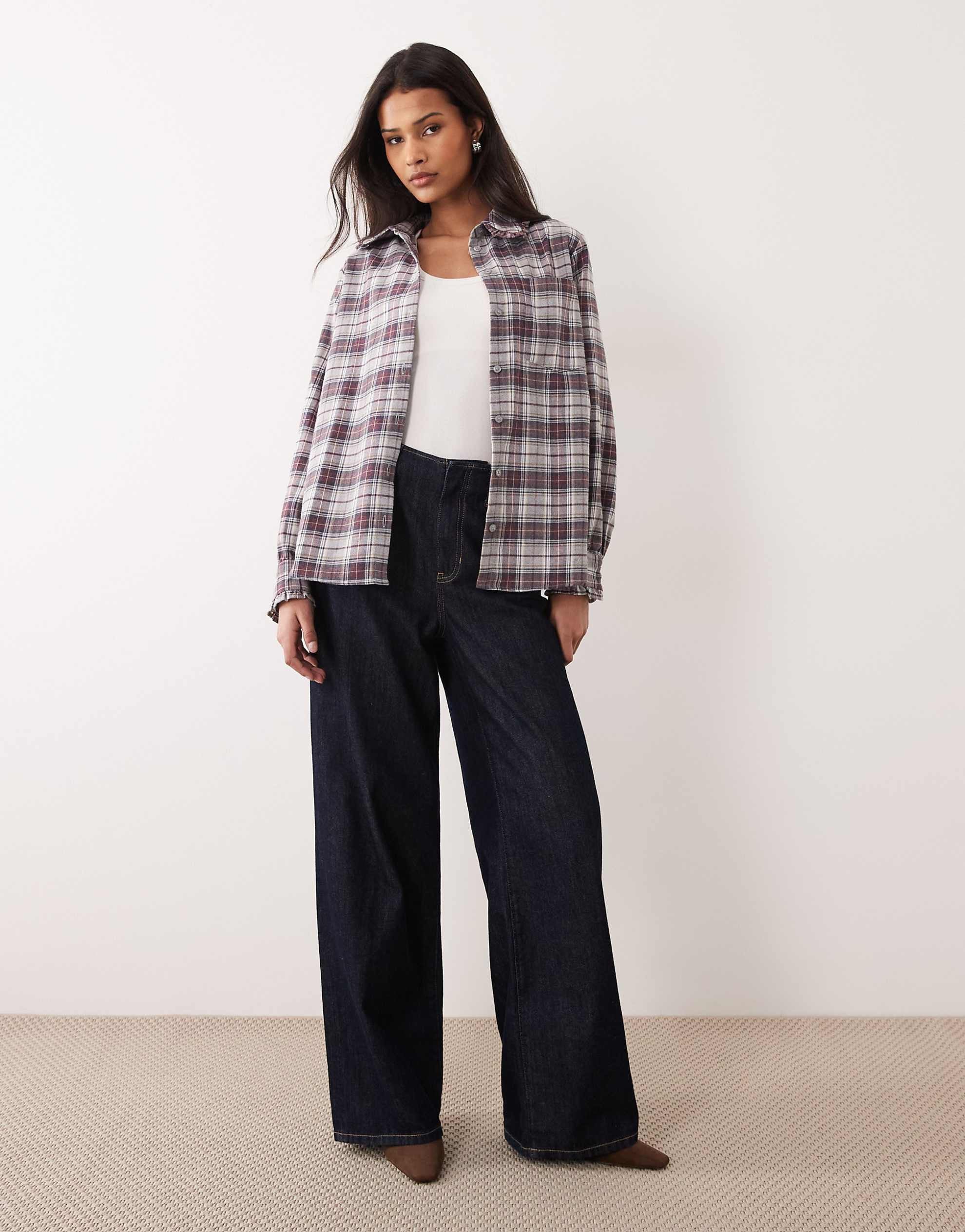 Miss Selfridge ruffle trim oversized shirt check