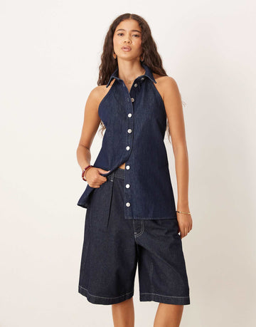 DESIGN denim collar sleeveless shirt open back rinse