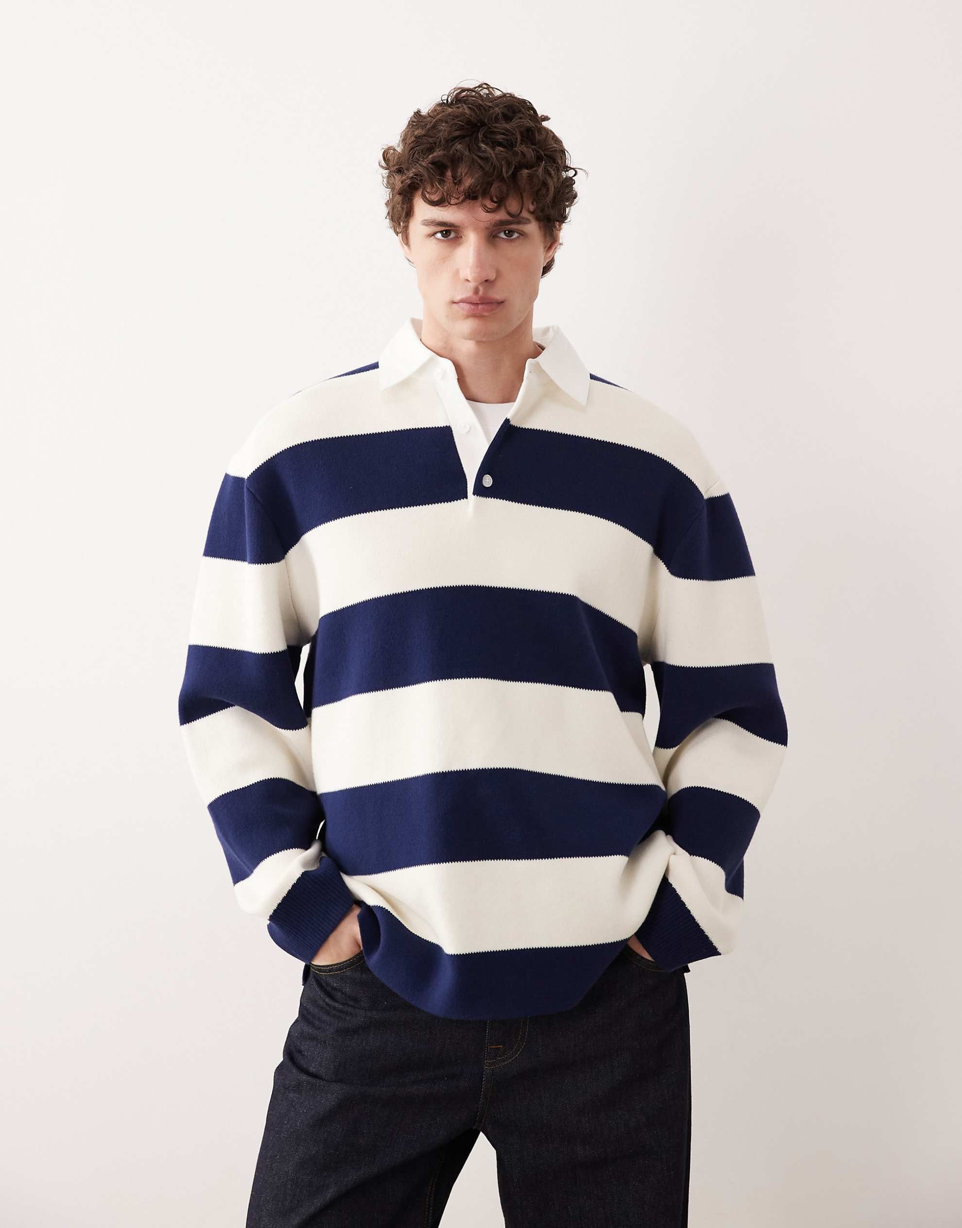 COLLECTIVE oversized heavyweight striped rugby polo white navy