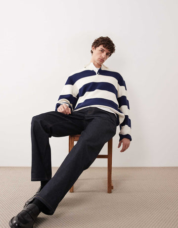 COLLECTIVE oversized heavyweight striped rugby polo white navy