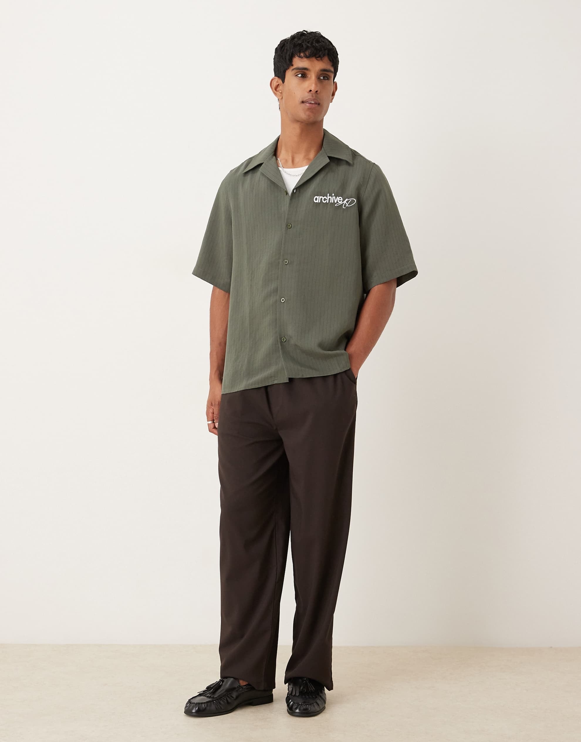 DESIGN relaxed revere stripe shirt green