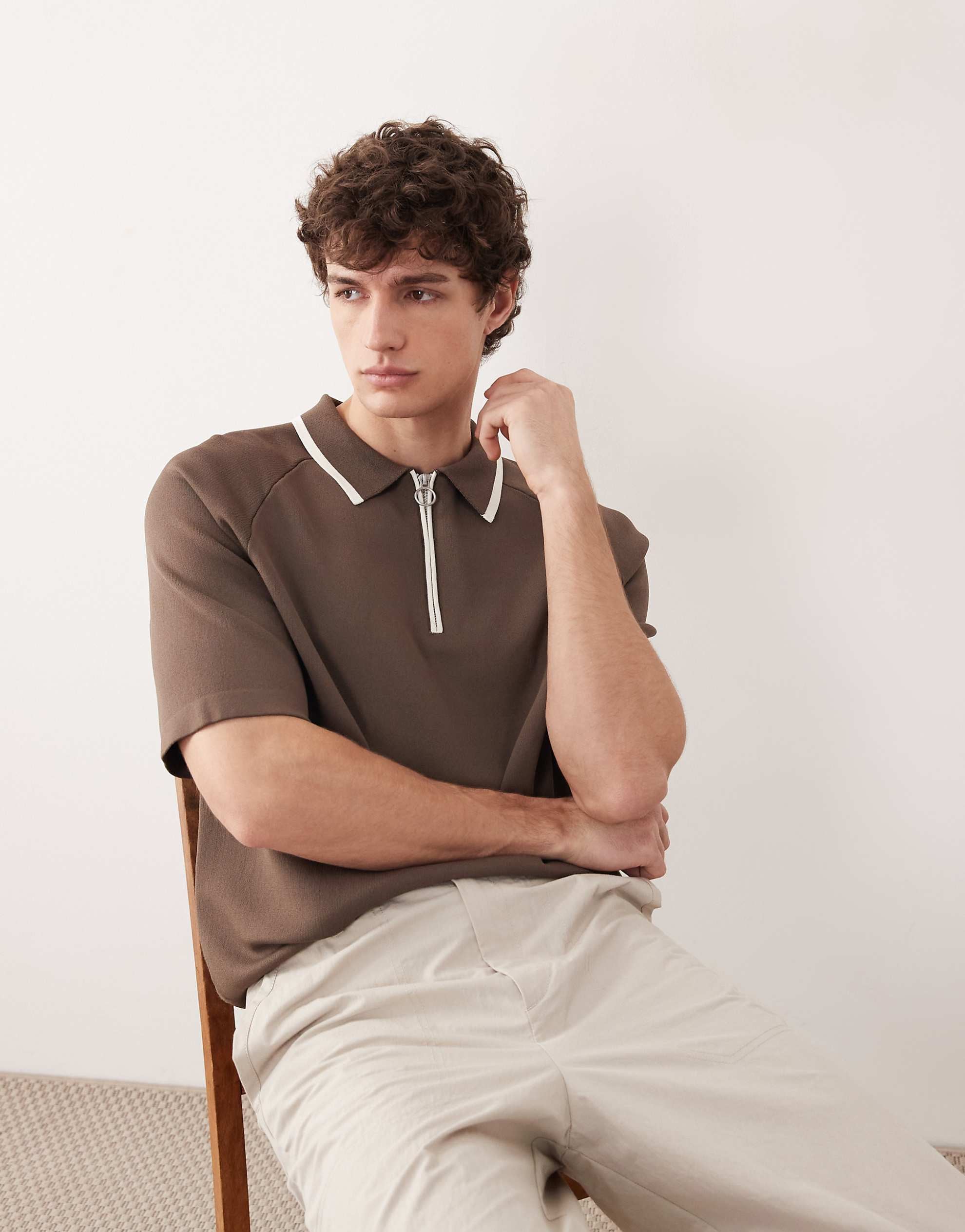COLLECTIVE co-ord compact knitted relaxed half zip polo brown