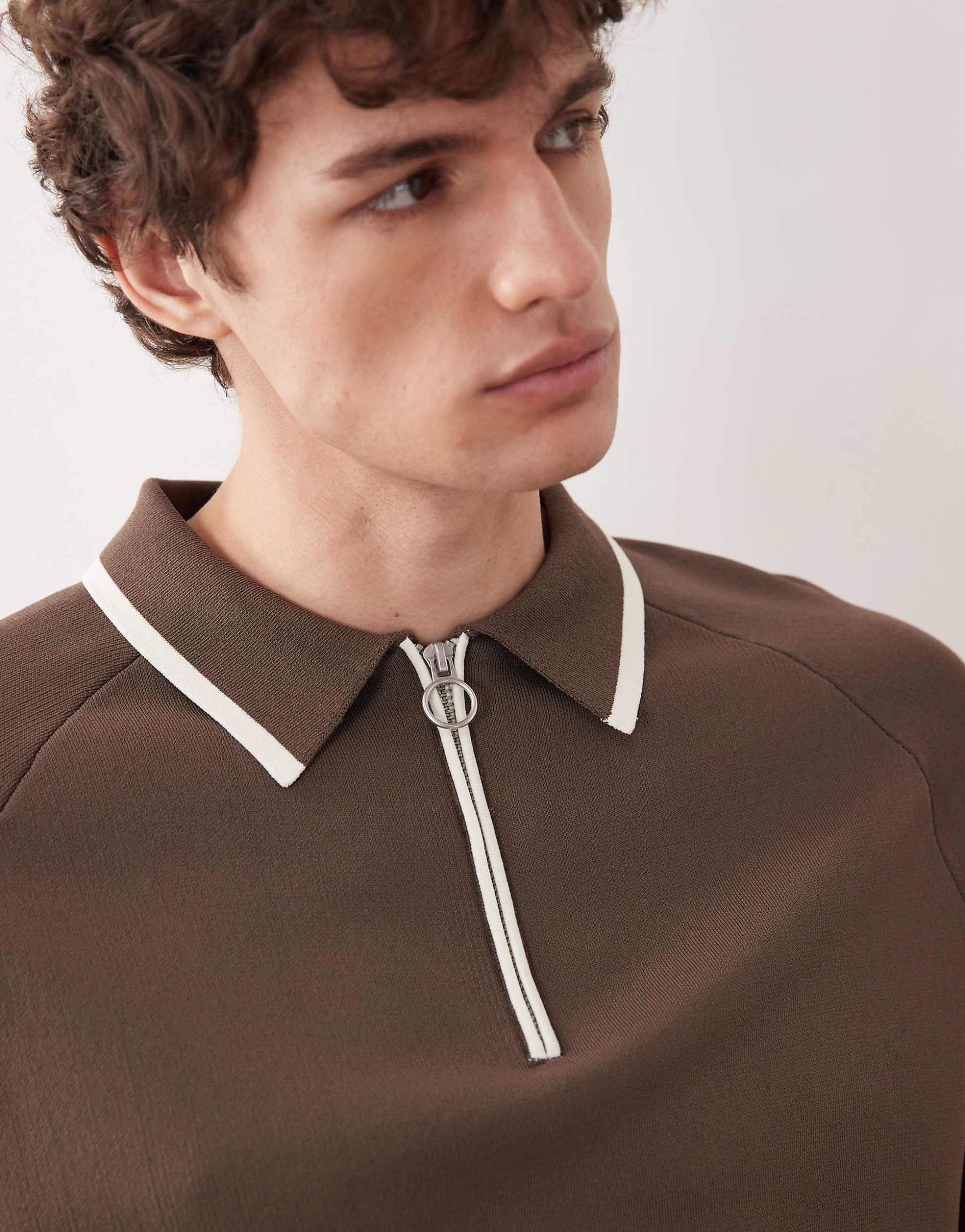 COLLECTIVE co-ord compact knitted relaxed half zip polo brown