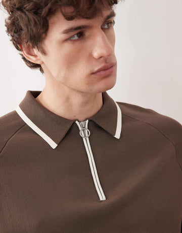 COLLECTIVE co-ord compact knitted relaxed half zip polo brown