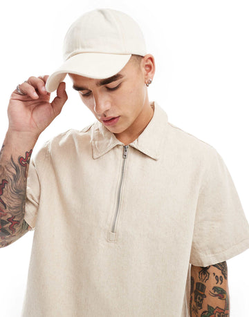 Weekday Dejan linen short sleeve polo zip shirt beige