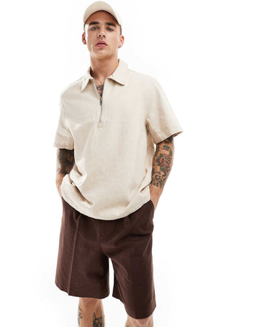 Weekday Dejan linen short sleeve polo zip shirt beige