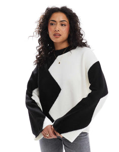 DESIGN colour block knitted jumper black ecru