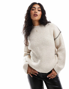 DESIGN crew neck jumper blanket stitch contrast ivory