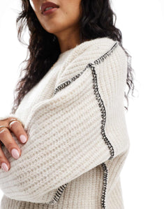 DESIGN crew neck jumper blanket stitch contrast ivory