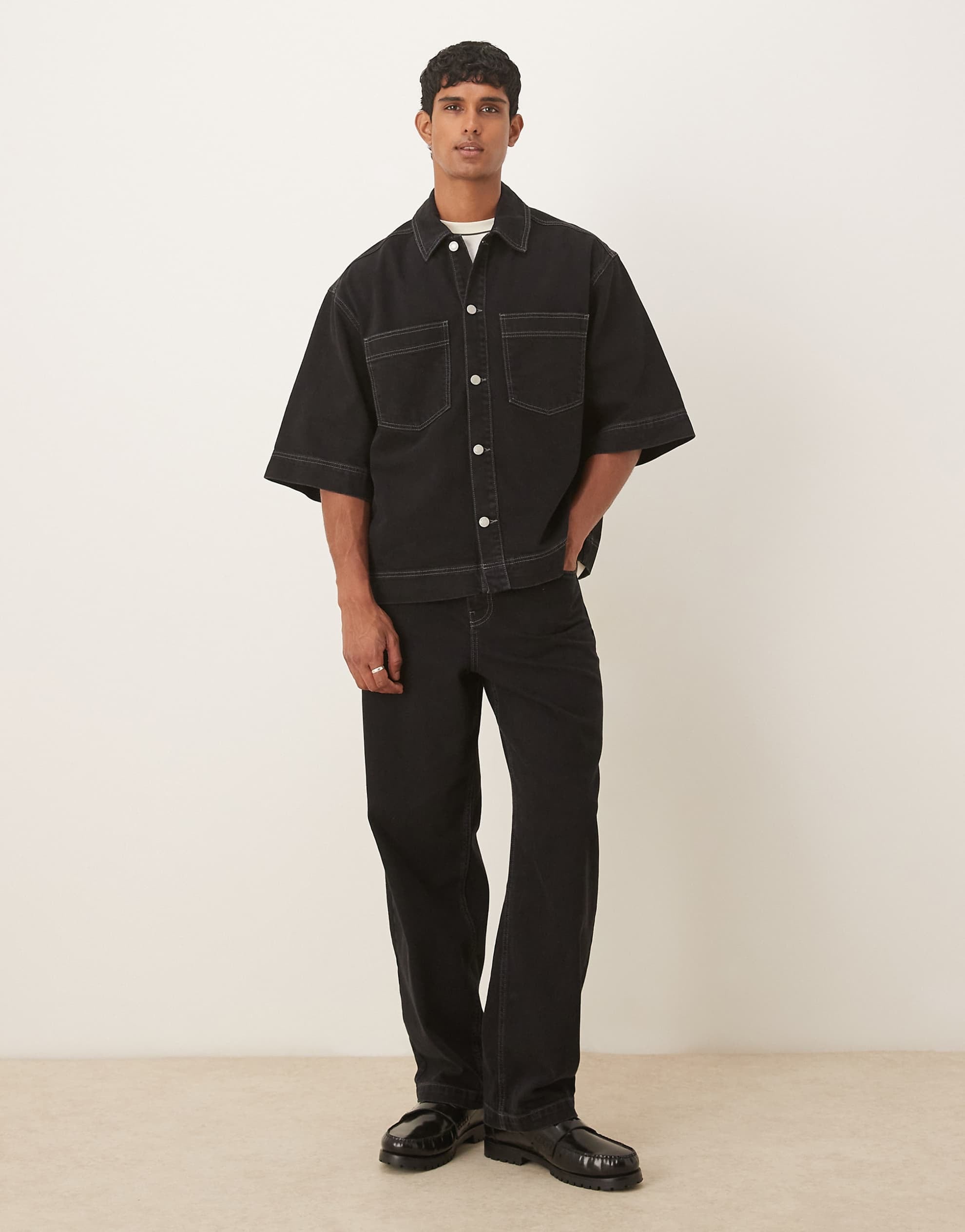 DESIGN co-ord denim shirt black