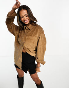 Monki long sleeve cord shirt brown