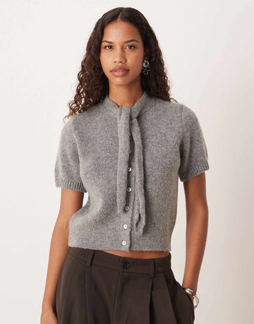 Mango wool mix tie neck short sleeve cardigan grey