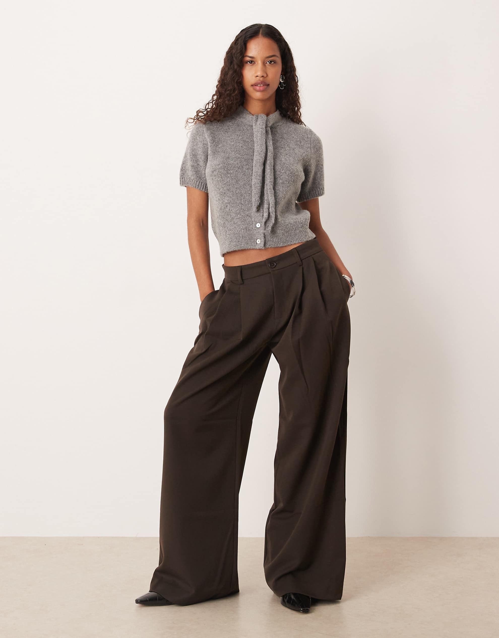 Mango wool mix tie neck short sleeve cardigan grey