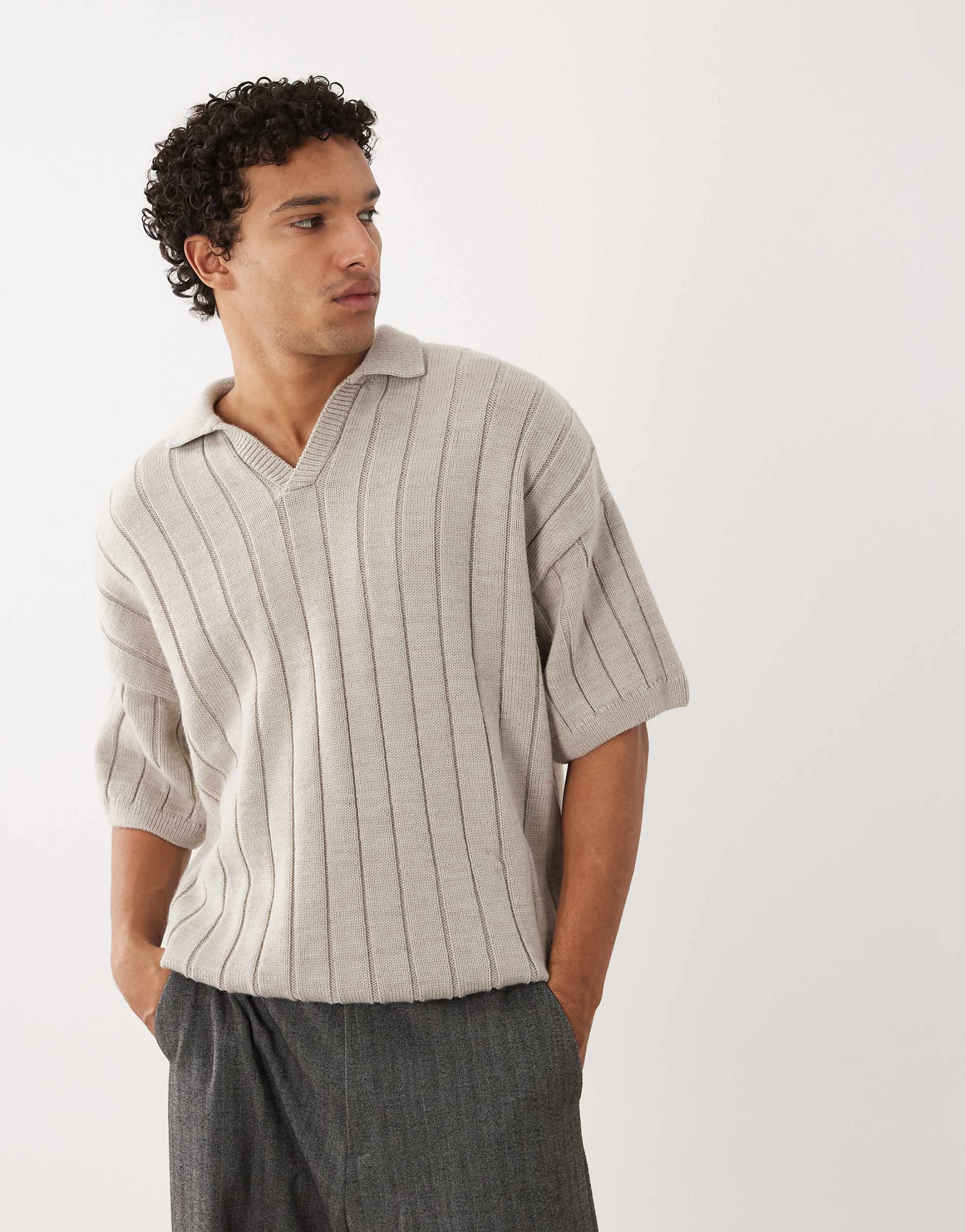 DESIGN knitted ribbed short sleeve notch neck polo stone