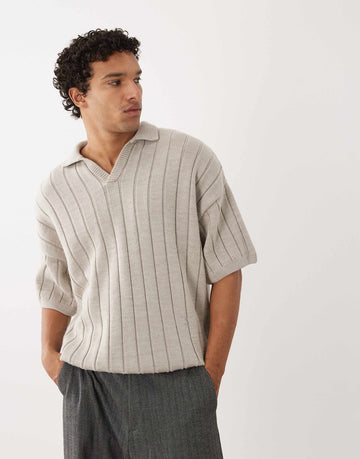 DESIGN knitted ribbed short sleeve notch neck polo stone