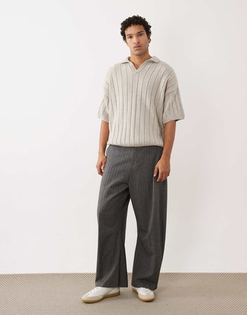 DESIGN knitted ribbed short sleeve notch neck polo stone