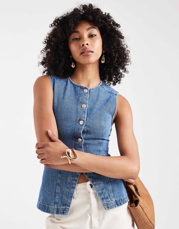 Miss Selfridge longline denim waistcoat in blue wash