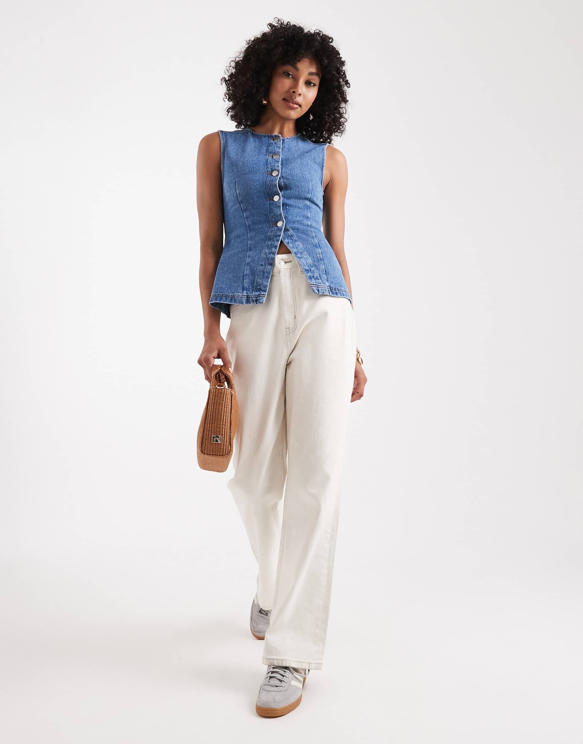 Miss Selfridge longline denim waistcoat in blue wash