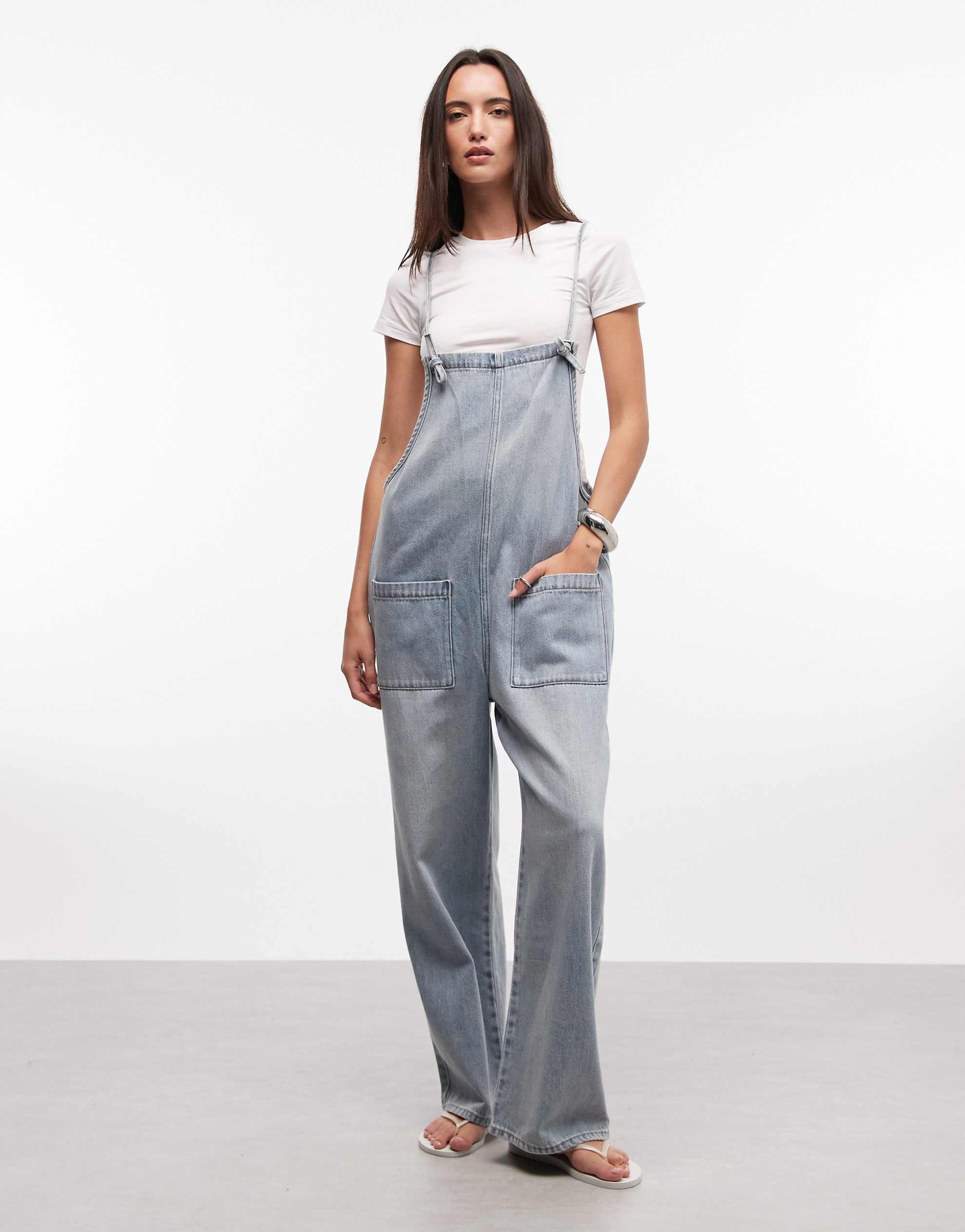 Monki Olga denim dungarees light blue wash