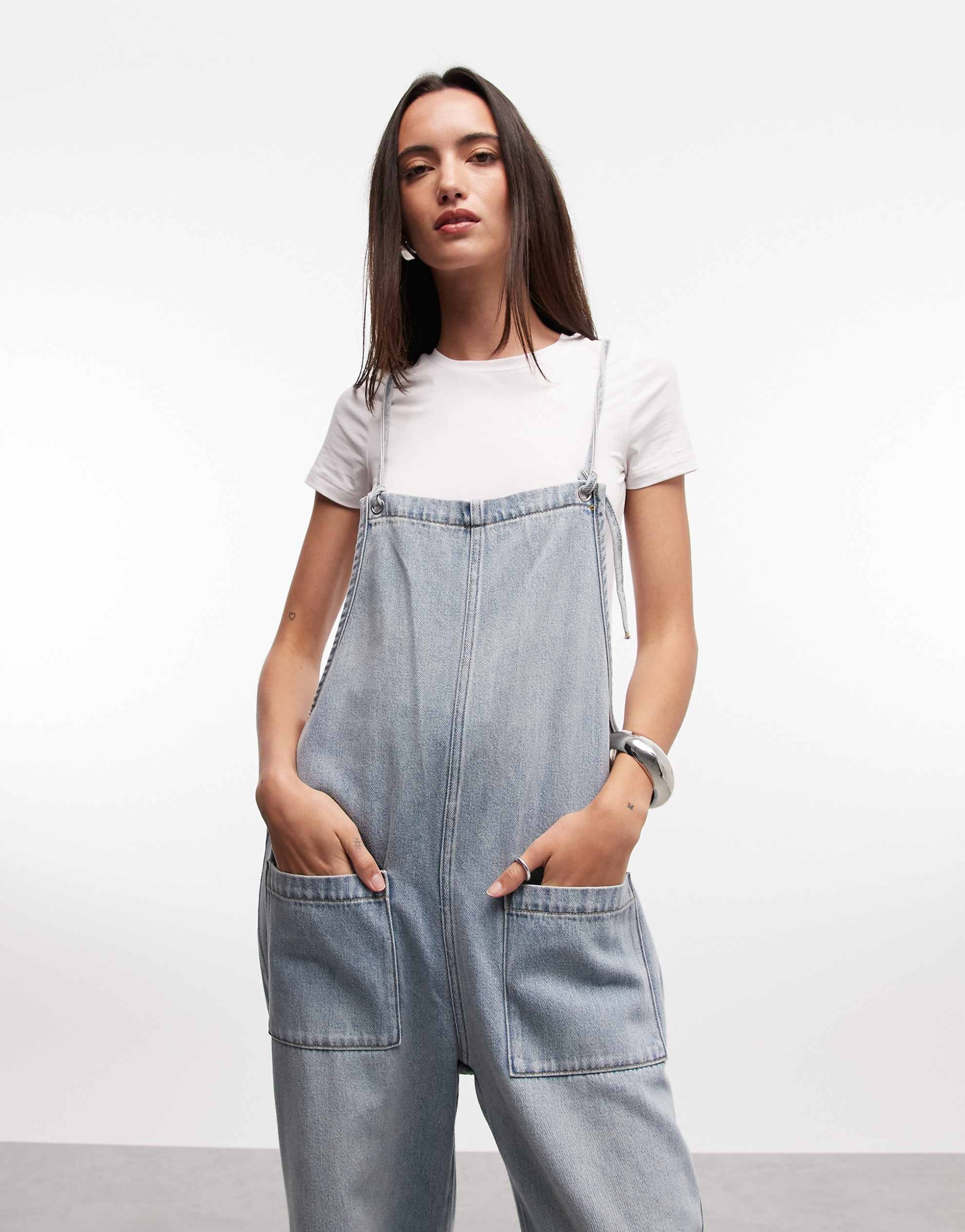 Monki Olga denim dungarees light blue wash