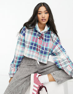 Tommy Jeans logo crop hoodie tartan